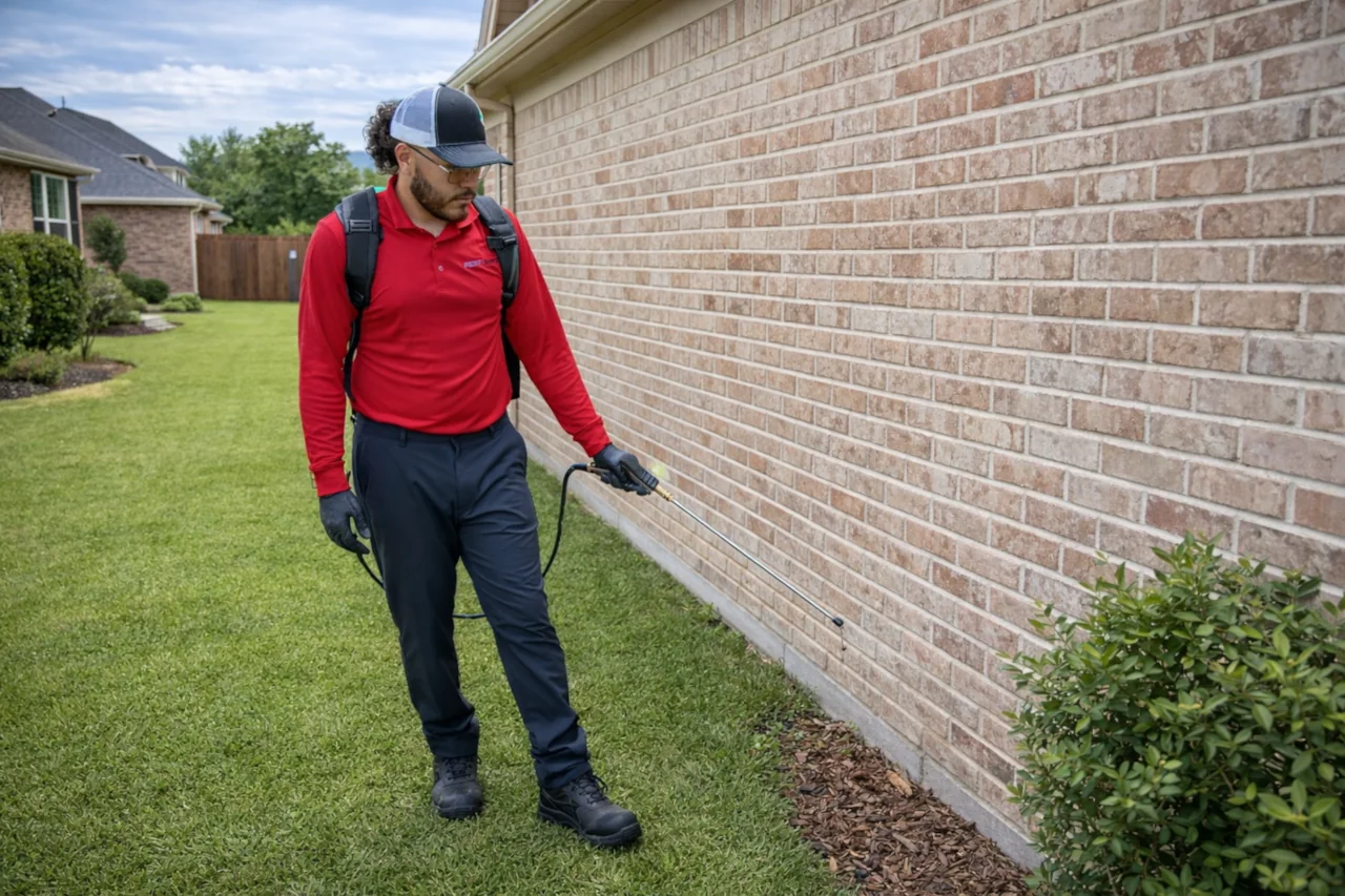 Pest Force pest control technician working the perimeter of the house